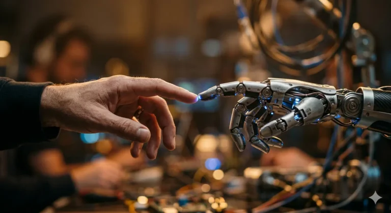 A close-up side view of a human hand and a detailed robotic hand reaching toward each other, with their index fingers nearly touching at the center. A faint blue glow emanates from the point of contact. The background is a dimly lit, warm-toned workshop with bokeh lights.