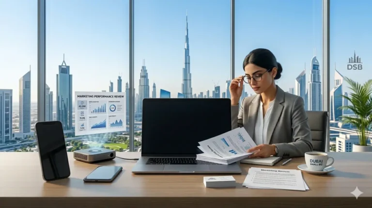 Businesswoman reviewing documents at a desk with Burj Khalifa visible through the office window.