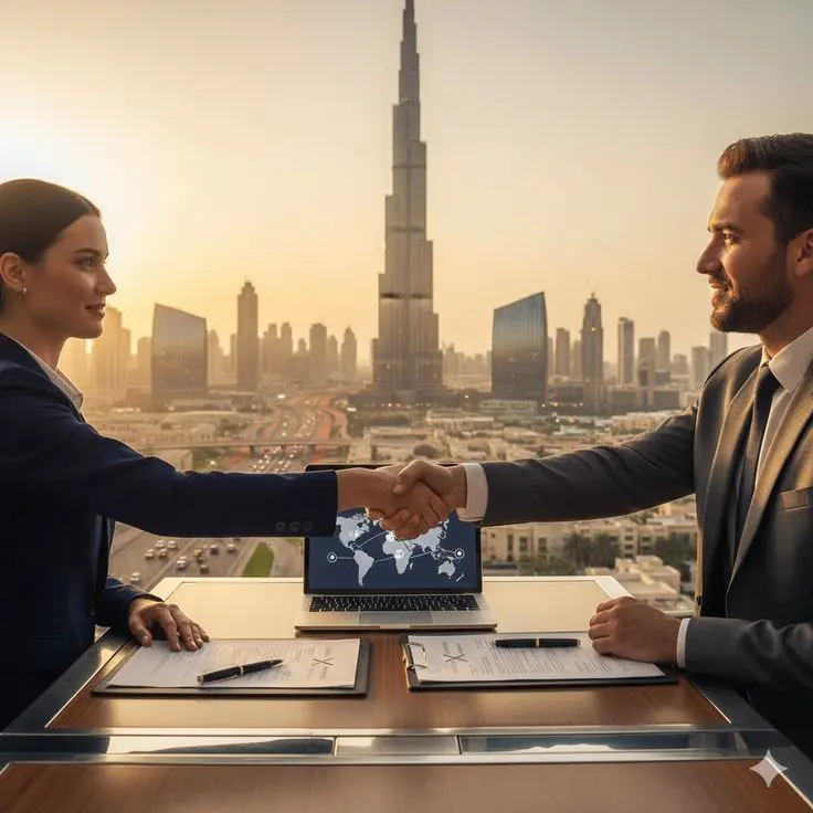 Laptop screen showing a business handshake image with Burj Khalifa in the background, viewed from above the keyboard.